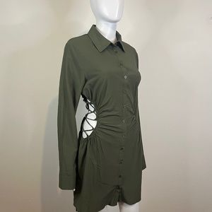 Army Green MINI Cut Out Long Sleeve Button Down Shirt Dress Size Large
